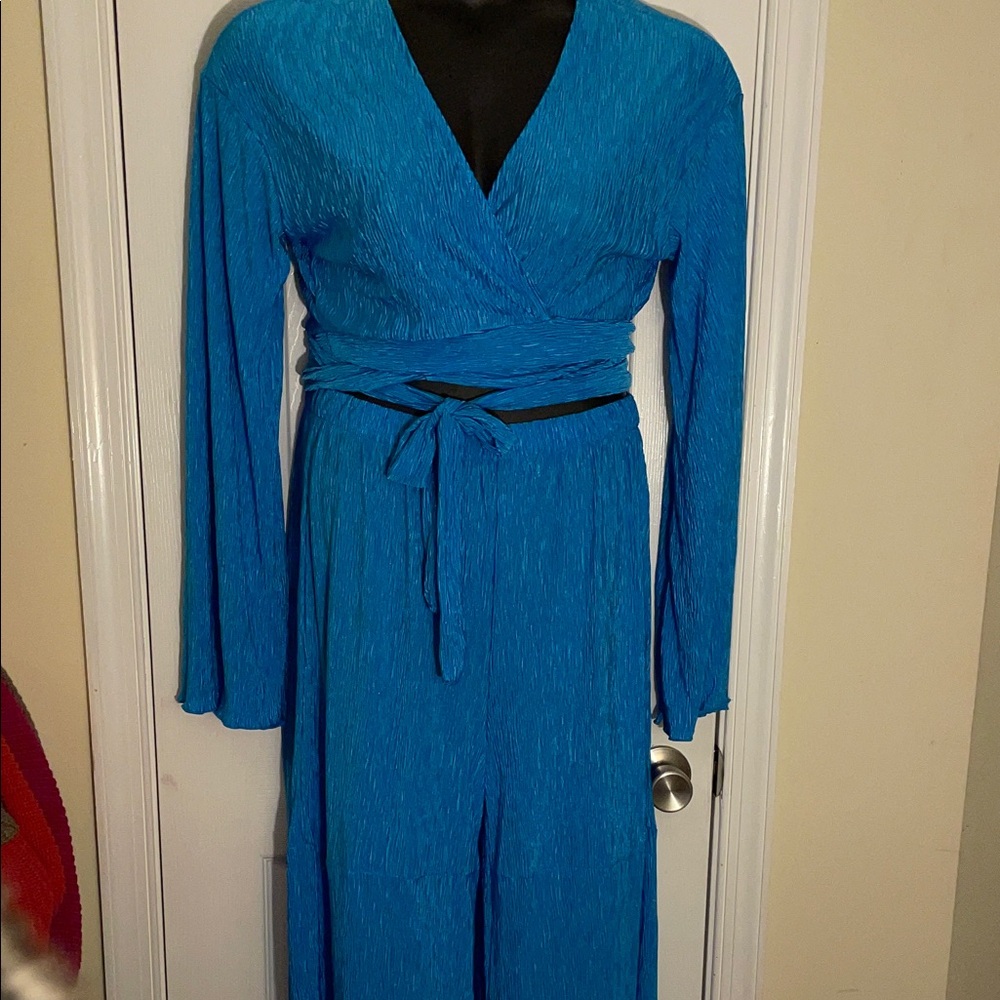 2pc Turquoise Long Sleeve Wrap Jumpsuit XXL
